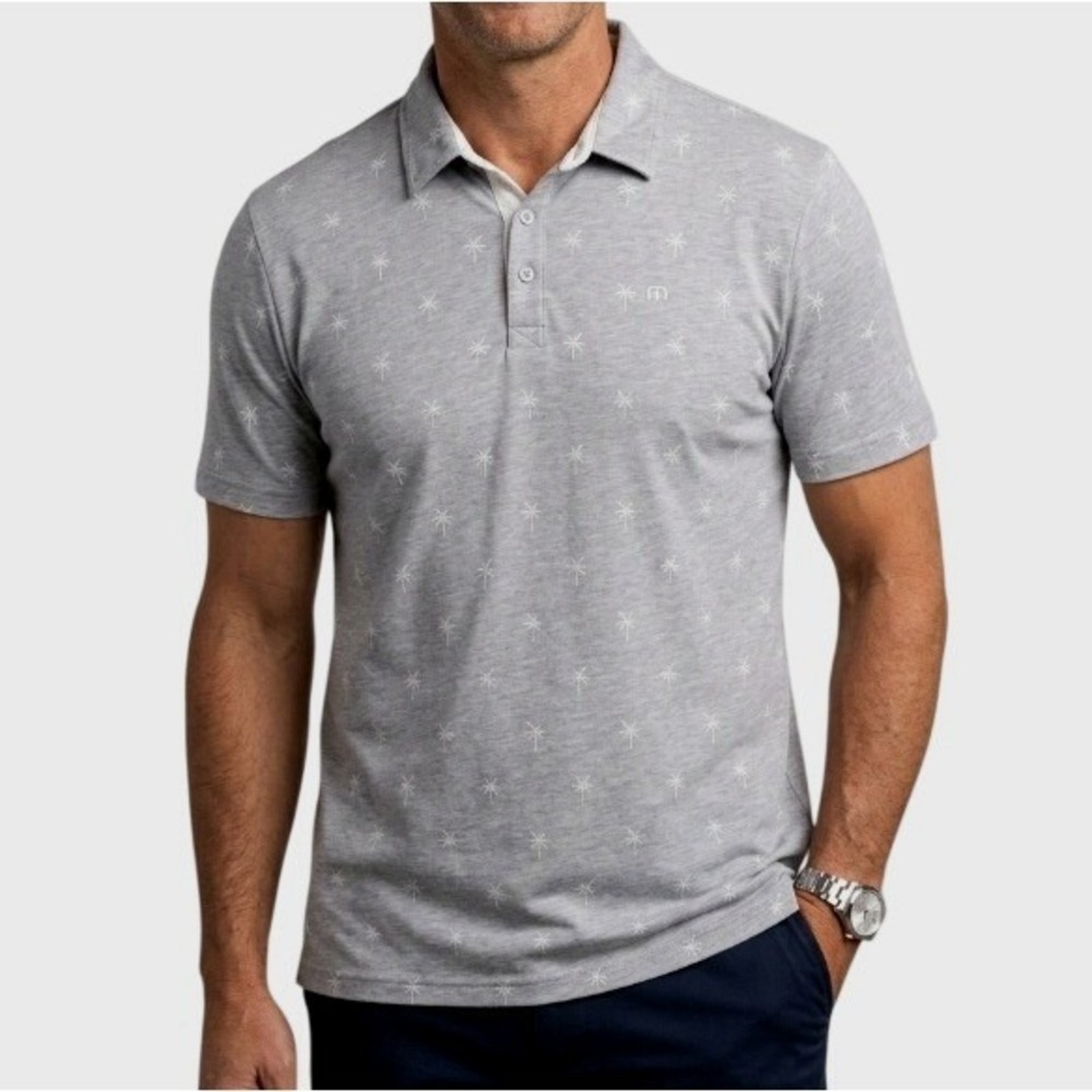Travis Mathew Mens Gray Palm Tree Print Polo Shirt Golf Performance Size L